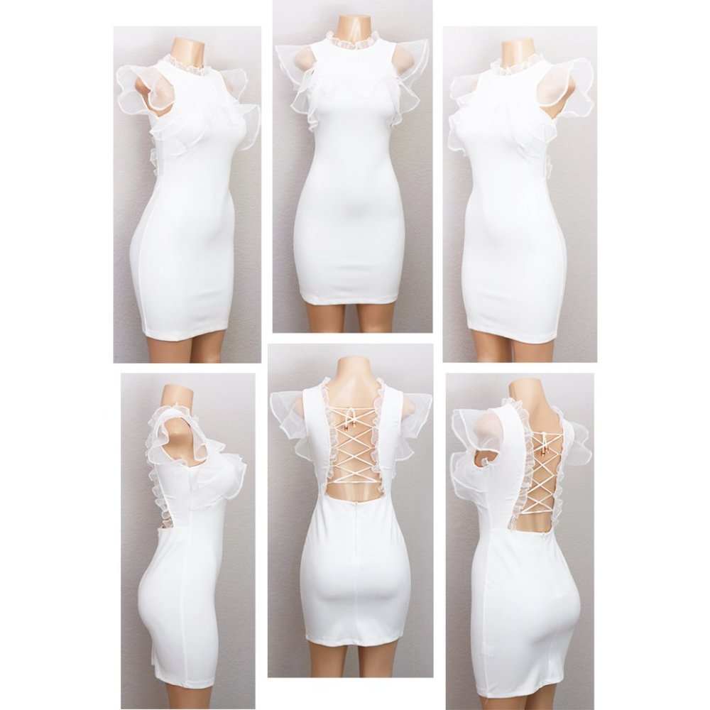 White Sheer Organza Ruffle Laced Up Backless Dress - Picture 7 of 8